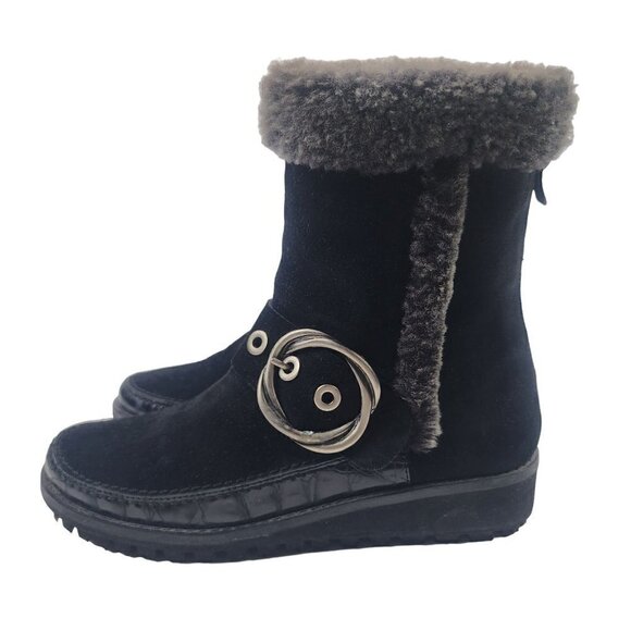 Stuart Weitzman Suede Leather Fur Lined Wedge Boots Black Women's 5 - Picture 4 of 12